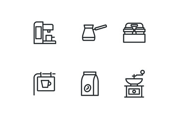 Wall Mural - Simple set of coffee related vector line icons. Contains such Icons as Cezve, coffee maker machine, beans and more. Editable move.