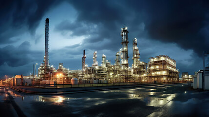 Wall Mural - a large oil producing plant at night with stormy clouds