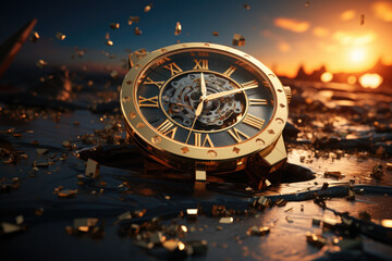 A gold watch sitting on top of a wet ground. Generative AI.