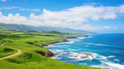 Wall Mural - Bright blue ocean sandwiched between the green landscape and cloudy sky, generative ai