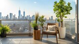 Fototapeta Lawenda - Minimalist balcony with a small bistro set, potted plants, and a view of the city skyline, generative ai