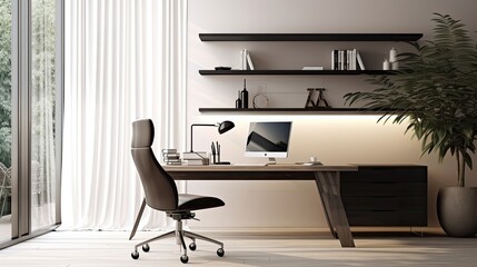 Wall Mural - Minimalist home office with a standing desk, ergonomic chair, and natural light, generative ai