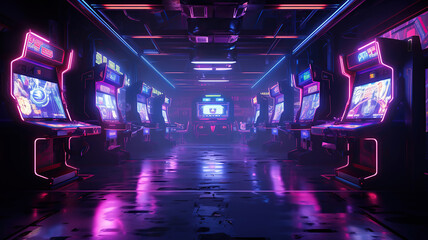 neon arcade games in a very dark and wavy room