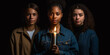 Inspiring trio of young women in studio, one lighting a symbolic candle passing to another, illustrating the powerful continuity of truth, against a dramatic dark backdrop. Generative AI