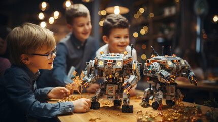 Group of happy children playing with toy robot at science lesson. Generative AI.