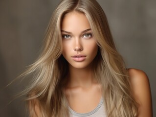 Beautiful  woman with light brown long curly hair. Portrait of a beautiful girl with long hair. Beautiful face of a young woman with blond long  hair and blue eyes. Studio shot.