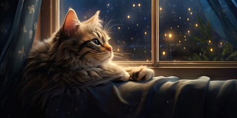 Wall Mural - Curled Up on a Cozy Windowsill, Gazing at a Starry Night Sky - Emanating Tranquility and Contentment - Capturing the Serene Beauty of a Nocturnal Feline    Generative AI Digital Illustration