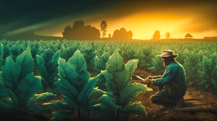 Tobacco farmer on a green field planting tobacco buds