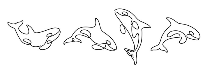 Wall Mural - Cartoon killer whale sketch line icon. Сute animals set of icons. One line vector illustration isolated on white background.