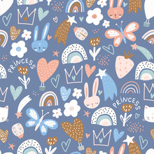 Seamless Childish Pattern With Cute Bunny, Rainbows, Stars, Flowers. High Detailed Kids Background. Vector Illustration