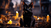 Black Cat With Glowing Yellow Eyes Against A Backdrop Of An Old Graveyard, Halloween Superstition.