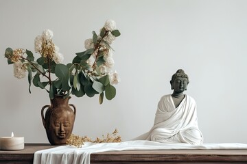 Canvas Print - With a Buddha statue on a white linen tablecloth and a natural eucalyptus twig in an antique glass vase, a modern minimalist room is decorated with flowers. Background of a light wall with copy space