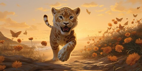 Wall Mural -  Paw Prints on a Sandy Beach, Under a Golden Sunset - Embodying Freedom and Adventure - Capturing the Untamed Spirit of a Feline Explorer Generative AI Digital Illustration