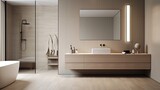 Fototapeta Londyn - Serene and minimalist bathroom with a walk-in shower, neutral tiles, and a wall-mounted vanity, generative ai