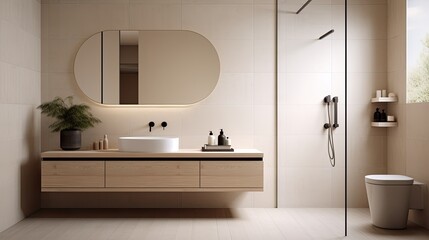 Wall Mural - Serene and minimalist bathroom with a walk-in shower, neutral tiles, and a wall-mounted vanity, generative ai