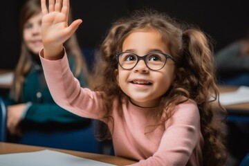 Sticker - The girl raises her hand for an answer in the classroom. Back To School concept. Backdrop with selective focus