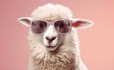 Wall Mural - Creative Animal Concept. Sheep wearing glasses peeking over pastel bright background. Generative AI.