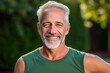 © Markus Schröder - Close-up portrait photography of a glad mature man wearing a stylish tank top against a green background. With generative AI technology
