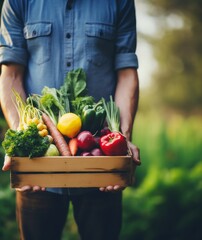 Wall Mural - Farmer holding a box of fresh organic vegetables with copy space. Generative AI