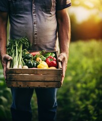 Wall Mural - Farmer holding a box of fresh organic vegetables with copy space. Generative AI