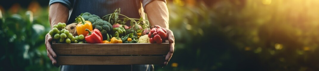 Wall Mural - Farmer holding a box of fresh organic vegetables with copy space. Generative AI