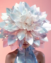 Beautiful Blonde Woman Girl, Bizarre Surreal Mystical Portrait. Glass Glowing Neon Iridescent Flower Hat, Transparent White Silver, Diamonds And Lights. Futuristic And Robot Like.