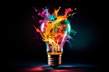 creative light bulb explodes with colorful paint and colors. new idea, brainstorming concept