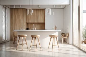 White wall shards and light wood are used in the kitchen interior. Three stools and a bar are present. a mockup Toned picture. Generative AI