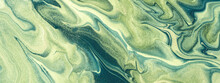 Abstract Fluid Art Background Olive And Green Colors. Liquid Marble. Acrylic Painting With Teal Glitter And Gradient.