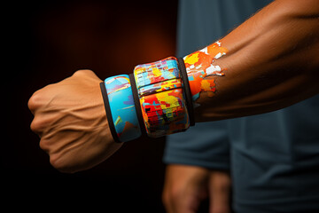 Aufkleber - A tennis player with kinesiology tape applied on their elbow to alleviate symptoms of tennis elbow and improve grip strength.  Generative AI technology.