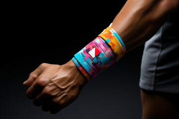 Aufkleber - A tennis player with kinesiology tape applied on their elbow to alleviate symptoms of tennis elbow and improve grip strength.  Generative AI technology.