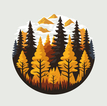 Illustration Of An Autumn Forest, Autumn Wildlife Landscape, In A Closed Decorative Rounded Shape. Vector Illustration.