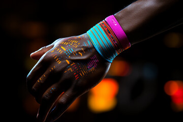 Aufkleber - A basketball player with kinesiology tape applied on their wrist to provide support and reduce discomfort from repetitive motions.  Generative AI technology.
