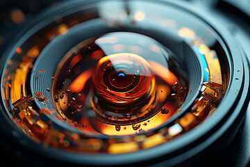 Aufkleber - A close-up photograph of a camera lens, showcasing its intricate glass elements and the focal length markings.  Generative AI technology.