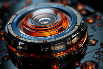 Poster - A close-up photograph of a camera lens, showcasing its intricate glass elements and the focal length markings.  Generative AI technology.