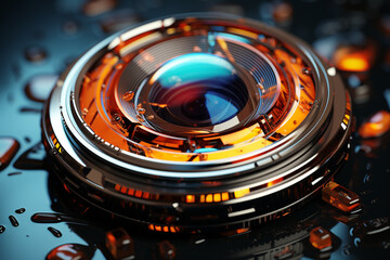Poster - A close-up photograph of a camera lens, showcasing its intricate glass elements and the focal length markings.  Generative AI technology.