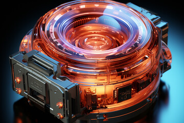 Poster - A cross-section image of a camera lens, revealing the arrangement of lens elements and their role in focusing light.  Generative AI technology.