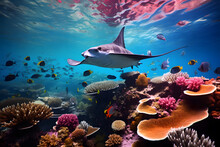 Manta Ray With Coral Reef And Fish