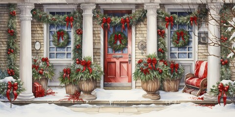 AI Generated. AI Generative. Xmas merry christmas new year decoration decor background of house home front door porch with garland and holiday decor. Winter family celebration vibe. Graphic Art