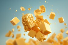 Delicious Cubical Cheese In Breakfast, Floating In The Air. AI Generated