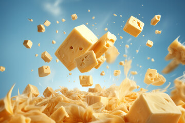 Delicious cubical cheese in breakfast, floating in the air. AI generated