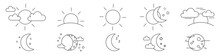 Collection Of Rising Or Setting Sun, Moon Phases, Clouds And Stars Icons. Bundle Of Day And Night Time Pictograms Drawn With Black Contour Lines On White Background.