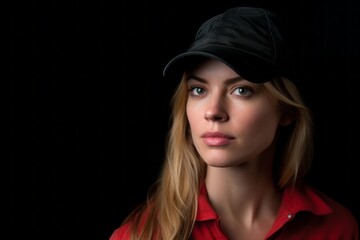 Wall Mural - Close-up portrait photography of a glad girl in her 30s wearing a cool cap or hat against a matte black background. With generative AI technology