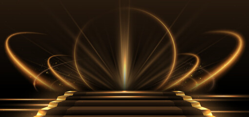 Elegant golden scene diagonal glowing with lighting effect sparkle on black background. Template premium award design.