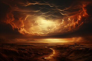 Poster - A sandstorm brewing on the horizon, with swirling clouds of dust and sand obscuring the landscape and creating an atmosphere of mystery.  Generative AI technology.