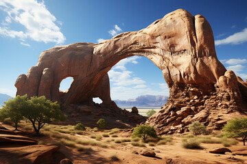 Aufkleber - A desert arch or natural rock formation, sculpted by the forces of nature, creating a unique and picturesque landmark in the barren landscape.Generative AI technology.