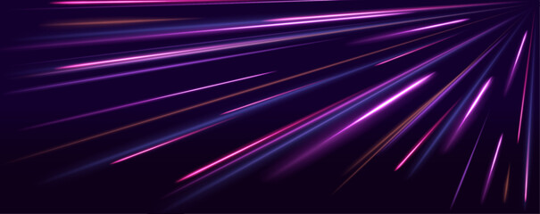 Neon color glowing lines background, high-speed light trails effect. Modern abstract high-speed light motion effect on black background. Light motion effect, slow shutter of traffic.