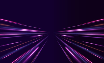 Aufkleber - Panoramic high speed technology concept, light abstract background.  Image of speed motion on the road. Abstract background in blue and purple neon glow colors. Concept of leading in business, Hi tech