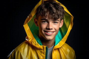 Wall Mural - Headshot portrait photography of a beautiful boy in his 20s wearing a vibrant raincoat against a dark grey background. With generative AI technology