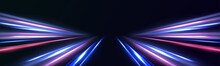  Laser Beams Luminous Abstract Sparkling Isolated On A Transparent Background. Acceleration Speed Motion On Night Road. Light And Stripes Moving Fast Over Dark Background. 